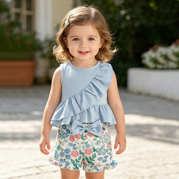 Angala Outfit for Newborn Girls Vest Floral Print Ruffled Shorts Set Girl Summer Casual Clothes
