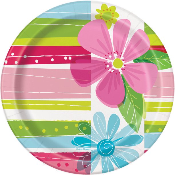 7" Striped Spring Flowers Paper Dessert Plates, 8ct