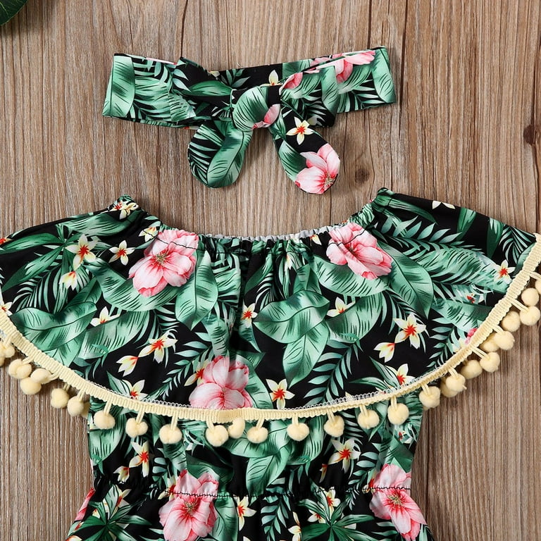 FUYIMEI Off the Shoulder Baby and Toddler Girl Tassel Bodysuit with Matching Headband