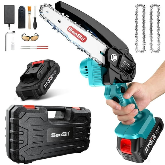 Seesii Cordless Chainsaw 6-inch, Power Mini Chainsaw with 1x Battery, Handheld Electric Chainsaw with Safety Lock