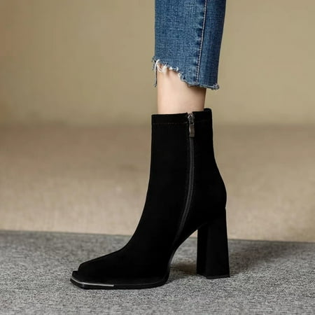 

British style solid color square toe short boots for women autumn outer wear thick heel thin boots frosted high heel casual women‘s shoes