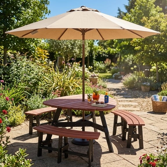 6-Person Outdoor Semi-Circular Wooden Picnic Table with 3 Built-in Benches & Central Umbrella Hol for Garden Patio Backyard, Brown
