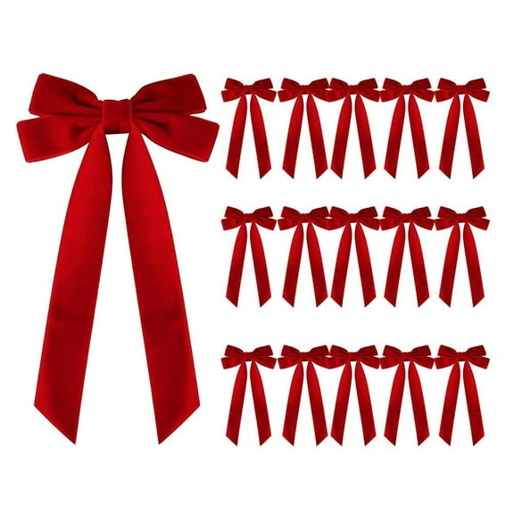 16Pcs Large Velvet Christmas Tree Bows, 7.68x3.94 Premade Vintage Ribbon Tree Topper Bows Ornaments for Staircase Garland Wreath Holiday Home DIY Crafts Decorations