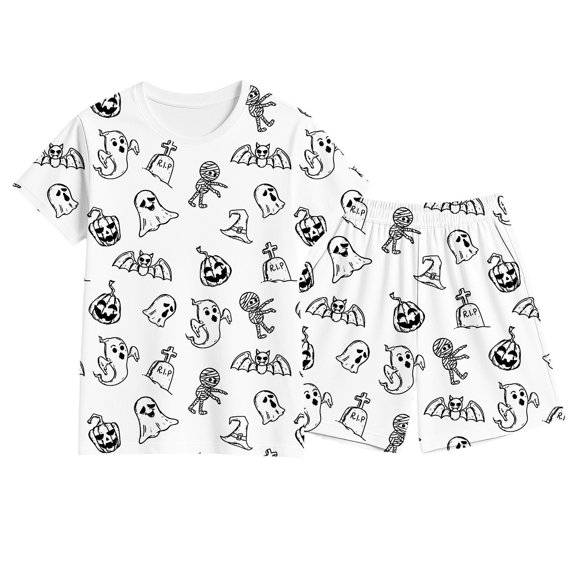 Shadoumai Boys Girls Kids Halloween Outfits Black White DIY Doodle Printed Shorts Set Thin Breathable Fabric Daily Activity Clothes Ages 2–12 Kid Light Art Outfit