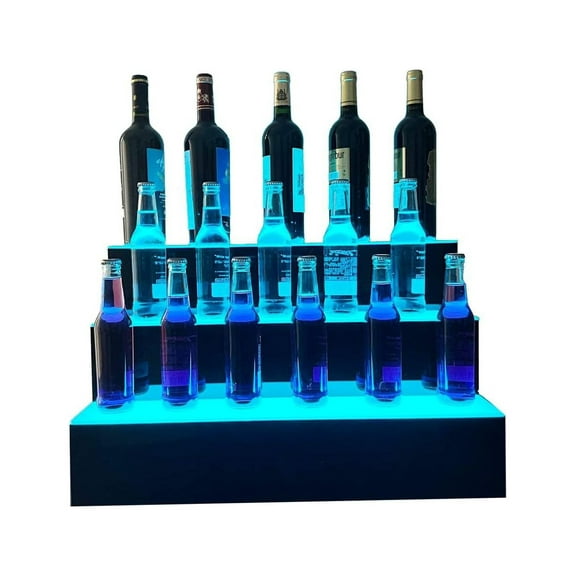 Drevy 31 Inch 3 Step LED Lighted Liquor Bottle Display Illuminated Liquor Bottle Bar Display Stand LED Display Shelf 3 Tier Home Bar Drinks Lighting Shelves with Control