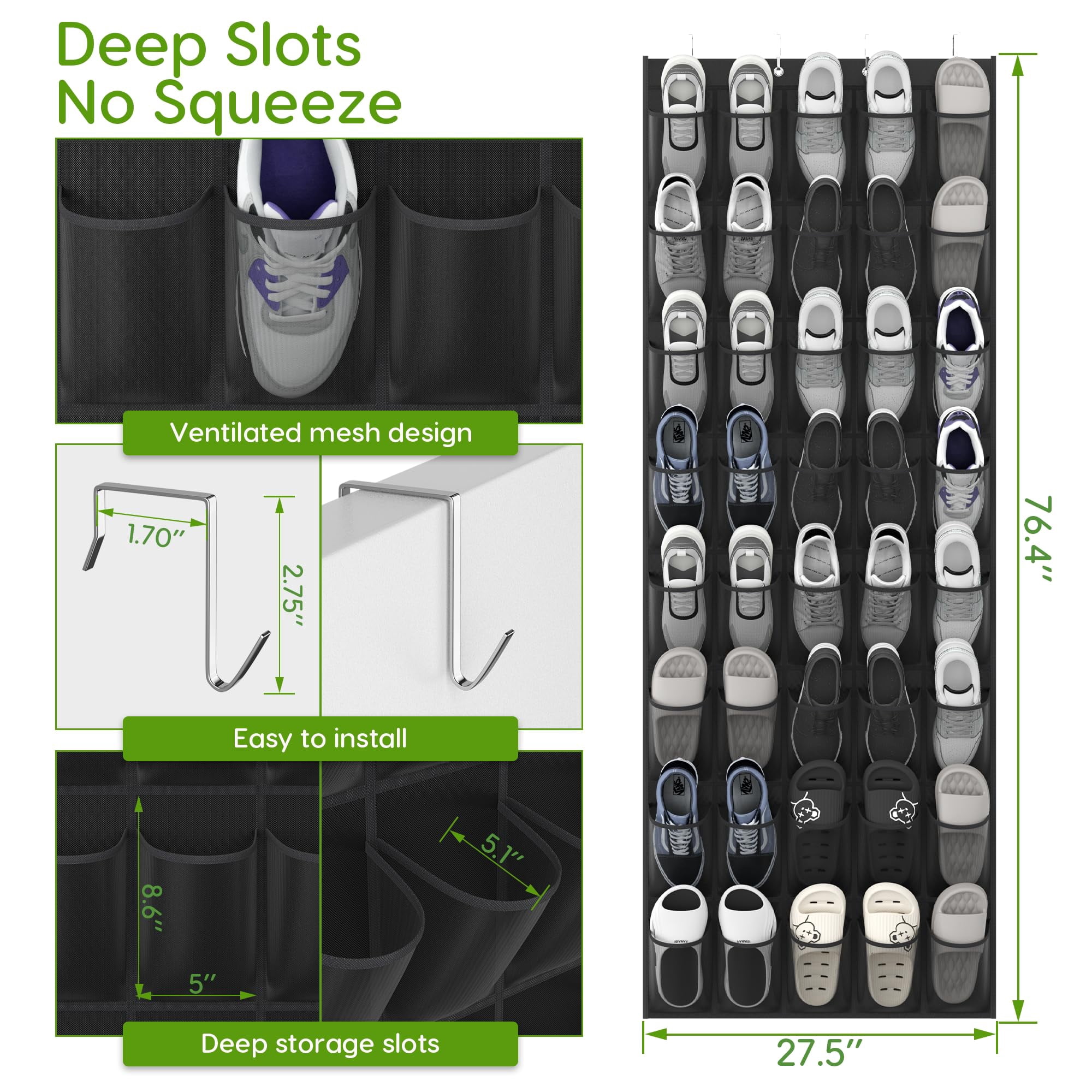 Over the Door Shoe Organizer with 40 Pockets, 18 Travel Shoe Bags & 1 Washing Bag, Hanging Shoe Rack with Breathable Mesh