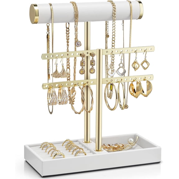 ANHXN Necklace Holder Organizer with Tray, Leather Bracelet Holder Display for Women, Gold Jewelry Holder Stand for Bracelet, Necklace, Earrings