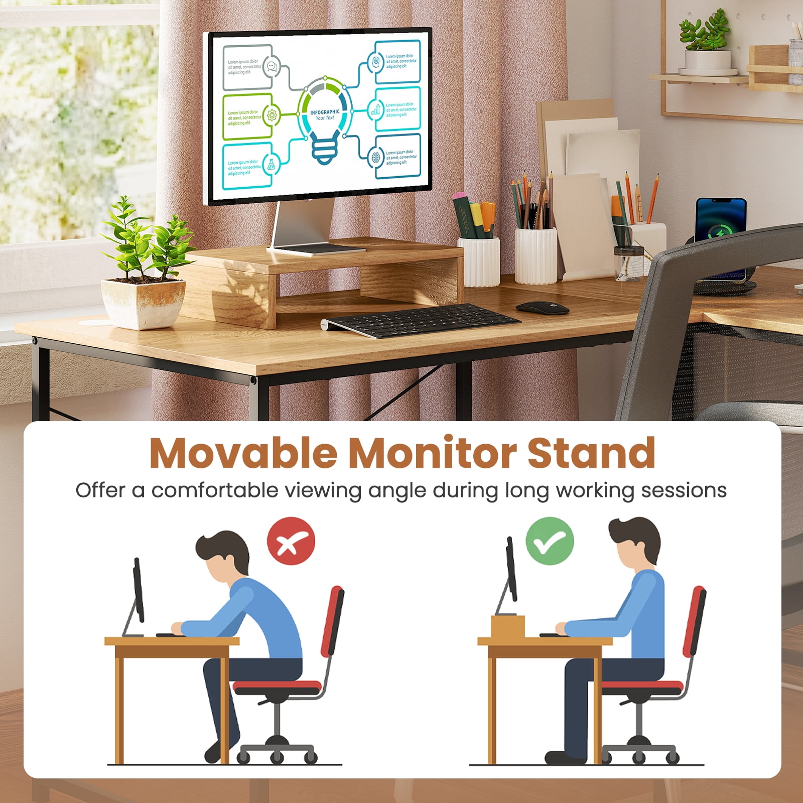 Gymax L-Shaped Reversible Computer Desk 2-Person Long Table w/Monitor Stand Natural