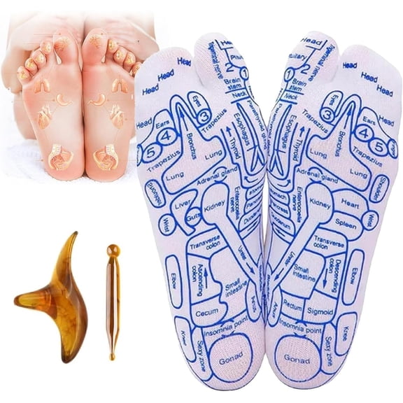 Reflexology Socks Set with Trigger Point Massage Tool | Foot Pain Relief and Serenity Steps Remedy | Acupressure Five Toe Separate Socks for Women and Men