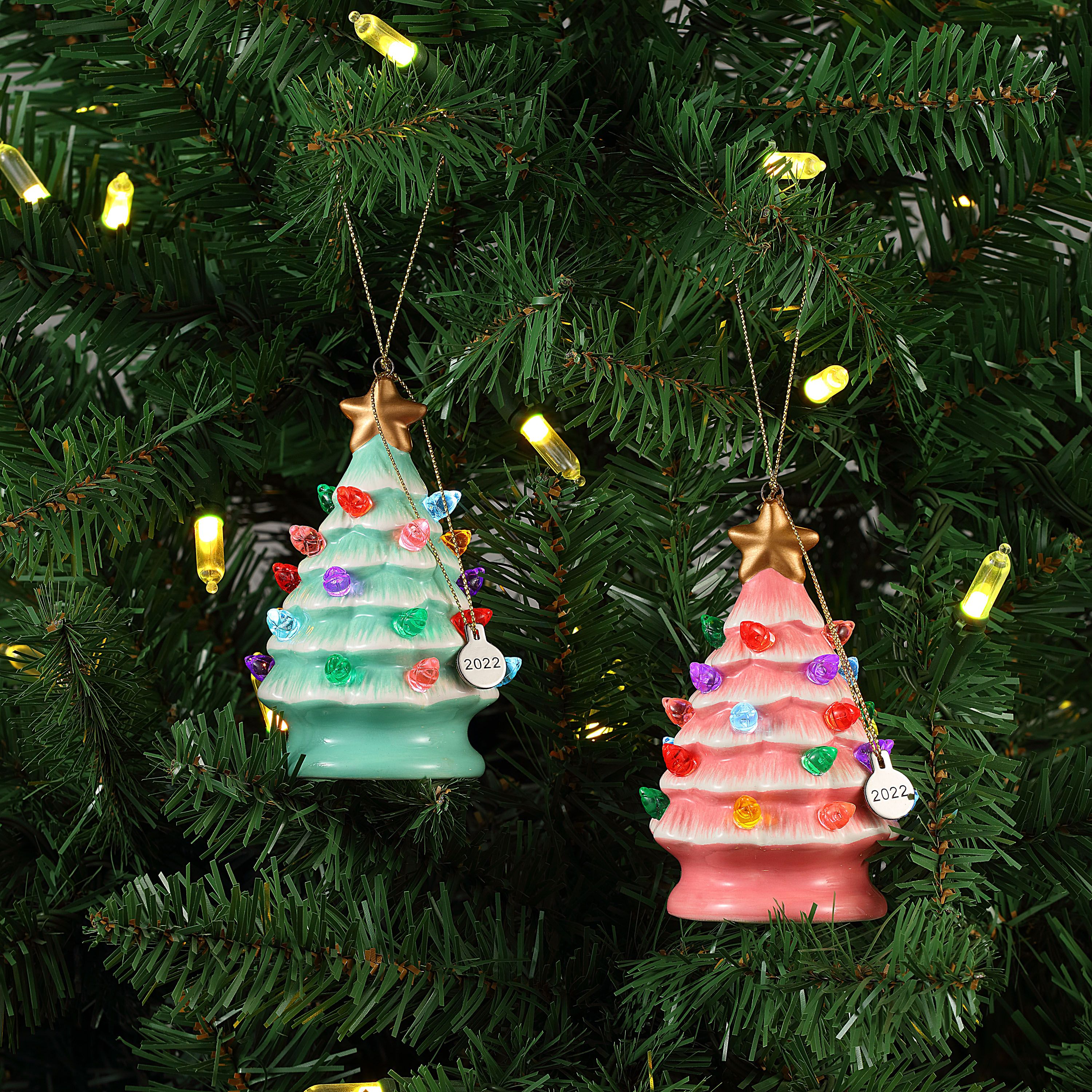 Mr. Christmas 6 Piece 4" Mini Pink and Seafoam Ceramic Nostalgic Tree Hanging Ornament Assortment