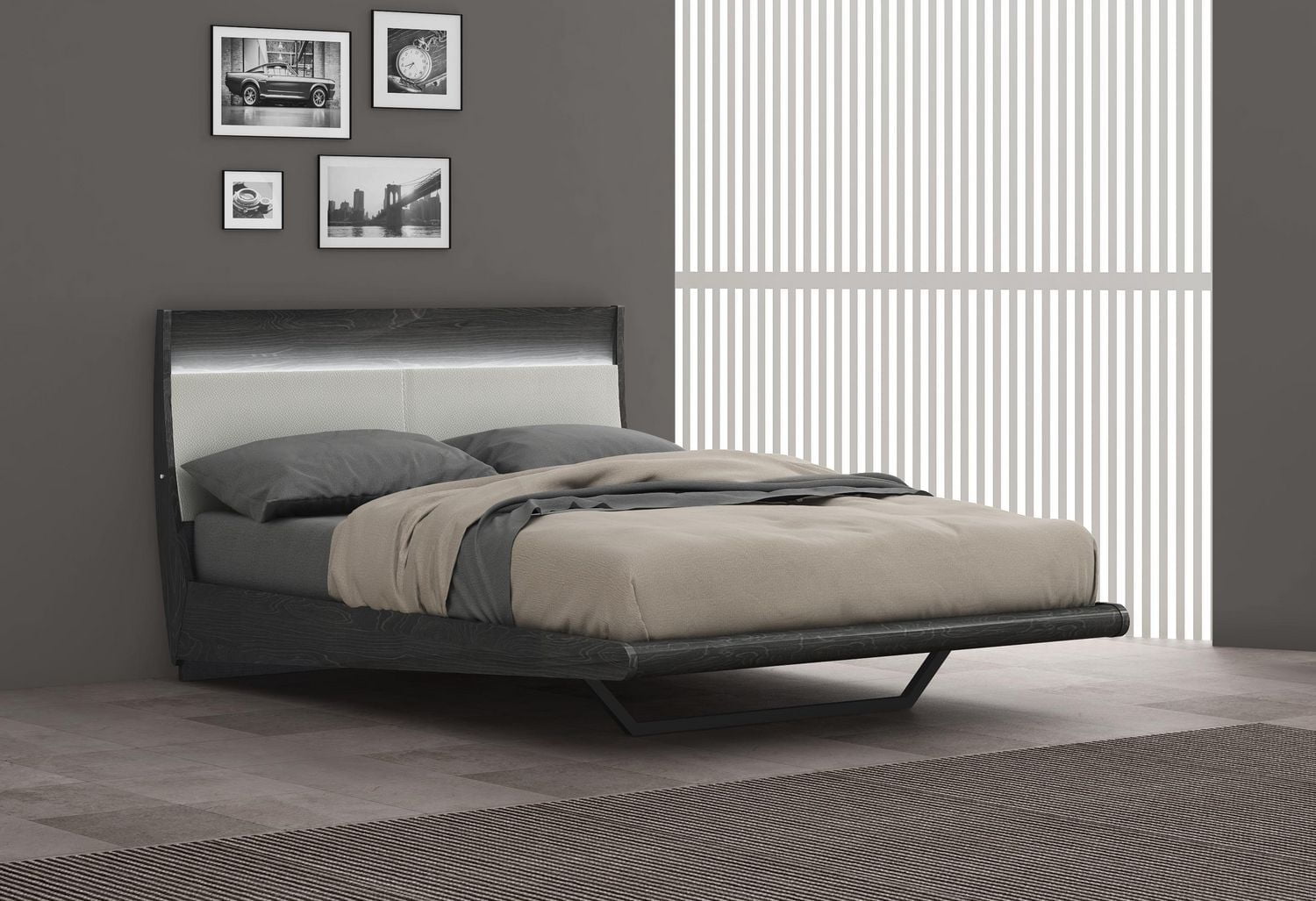 K-Living Asher Grey Lacquer Finish Lit Queen avec tête de lit rembourrée en PU et lumière LED One-Touch