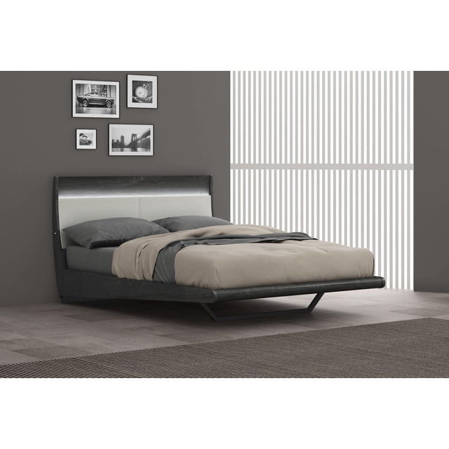 K-Living Asher Grey Lacquer Finish Queen-Size Bed with PU Padded Headboard and One-Touch LED Light