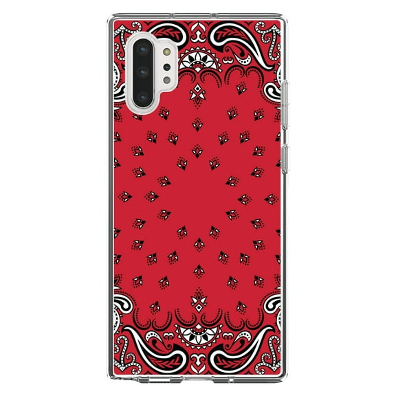DistinctInk Clear Shockproof Hybrid Case for Galaxy Note 10 PLUS (6.8" Screen) - TPU Bumper, Acrylic Back, Tempered Glass Screen Protector - Bandana Print - Red, Black, White