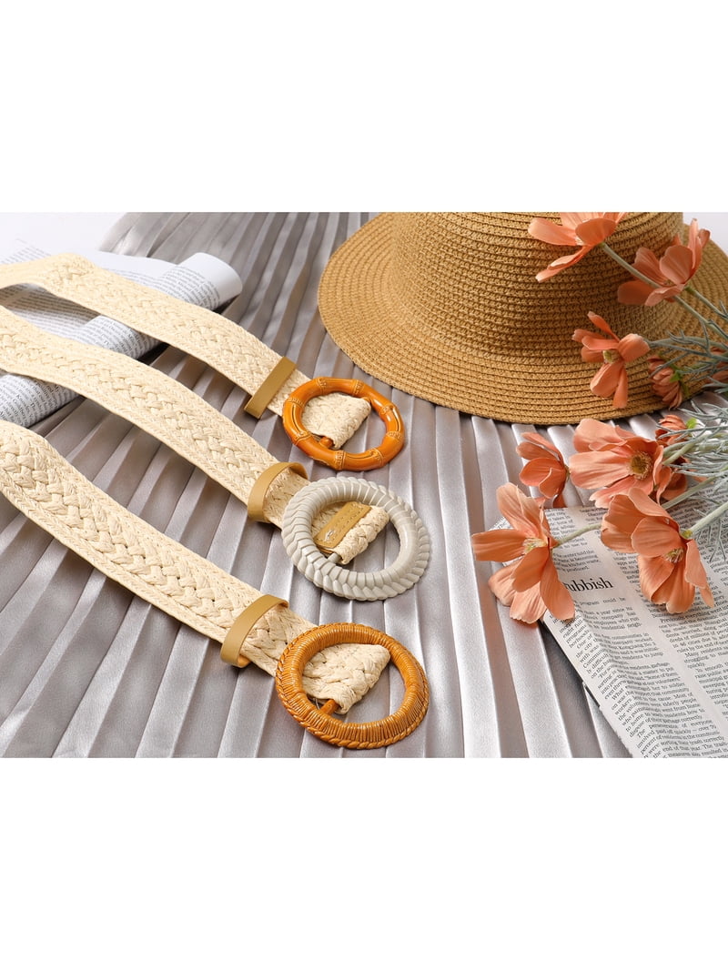 Woven Straw Circle-Buckle Waist Belt - Beige Straw Woven Elastic Belt for Women Stretchy Belts for Dress  main image 2