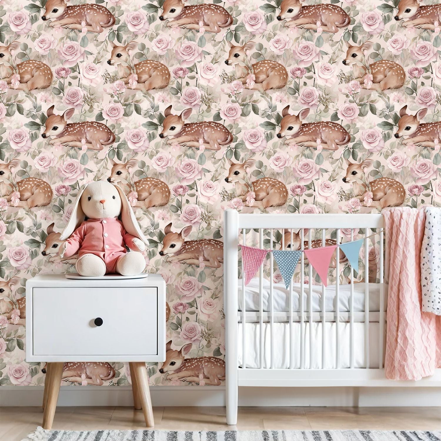 Farmhouse Peel and Stick Wallpaper 23.6in x 9.8ft Baby Deer Fawn Floral Seamless Pastel Pink Contact Paper Vinyl Waterproof Self Adhesive Wall Paper for Bedroom Shelf Cabinet Renter Friendly