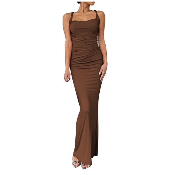 OSOLU Solid Color Women Spaghetti Corset Long Skirt Thin Shoulder Strap Ruffled Elegant Evening Dress Long Skirt Birthday Sundress Dresses For Women 2025 Elegant Classy