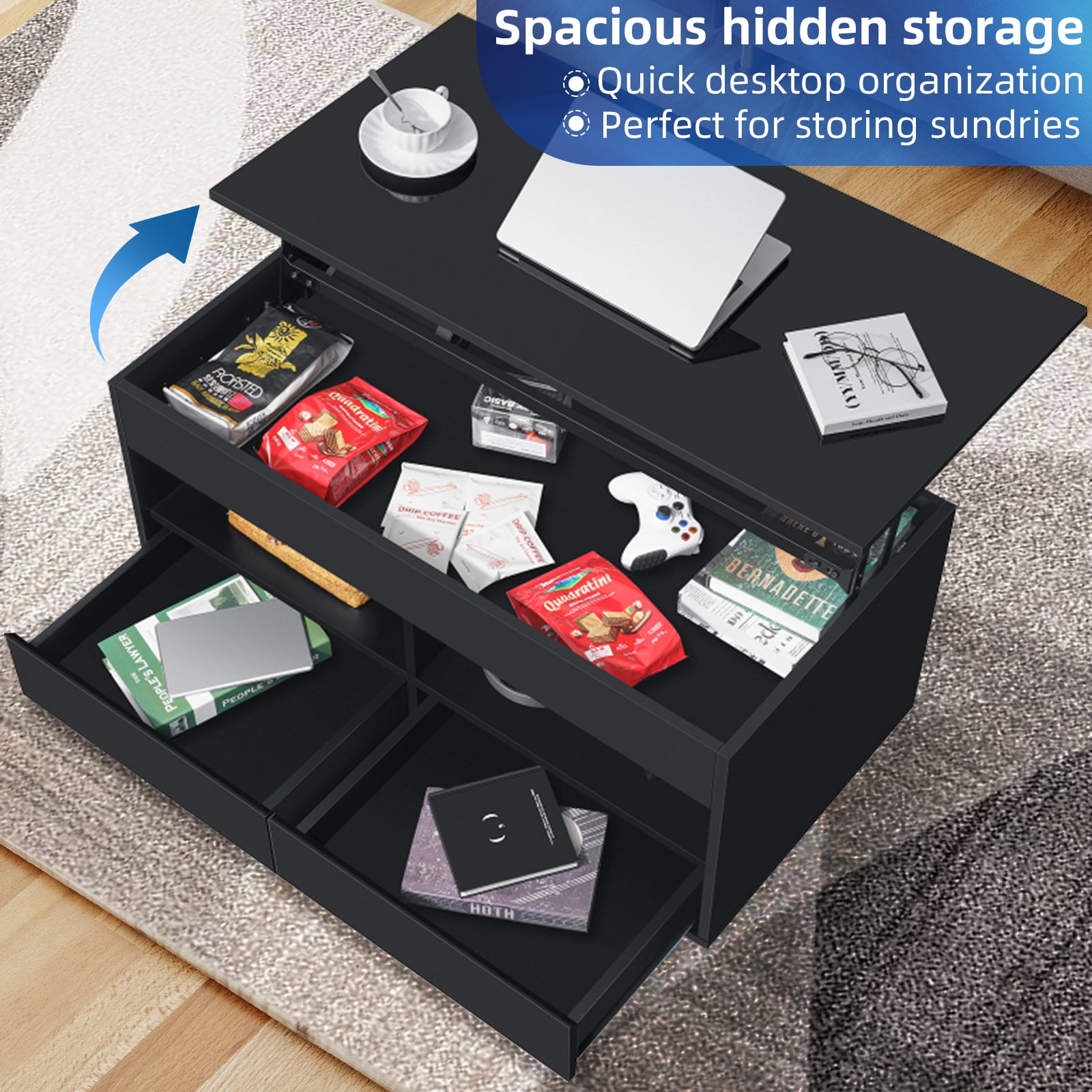 Hommpa Lift Top Coffee Table with LED Light 4 Tier Modern Center Tables with 2 Storage Drawers Hidden Compartment Open Shelves for Living Dining Room