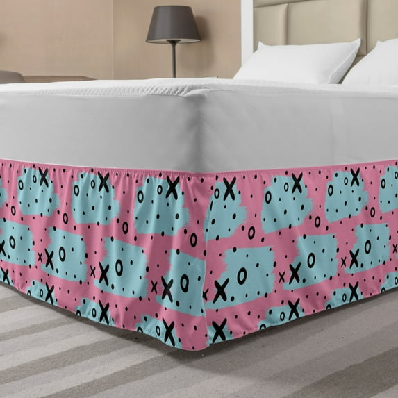 Pink Polka Dots Bed Skirt, Repeating X and O Motifs with Irregular Spots, Elastic Bedskirt Dust Ruffle Wrap Around for Bedding Decor, 4 Sizes, Pink Sky Blue, by Ambesonne