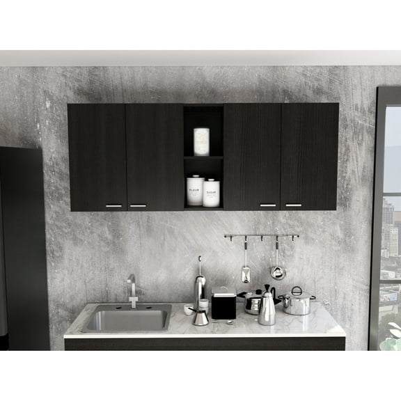 150" Kitchen Wall Cabinet With Two Open Shelves, Decorative Option Industrial Four Door Panels For