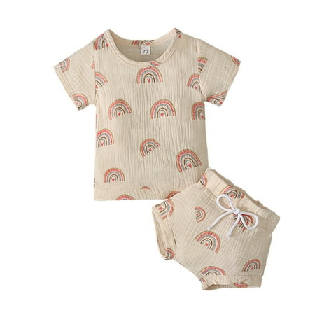 

TAIAOJING Toddler Baby Boys Clothes Kids Girls Summer Cotton Linen Rainbow Short Sleeve T-shirt Tops+ Shorts 2pcs Outfits Set Fall Clothes 3-6 Months