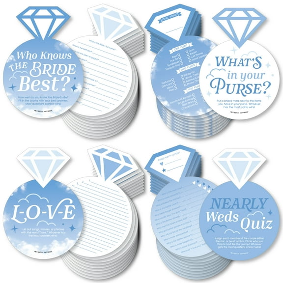 Big Dot of Happiness On Cloud 9 - 4 Bridal Shower Games - 10 Cards Each - Who Knows The Bride Best, Bride or Groom Quiz, What's in Your Purse and Love - Gamerific Bundle
