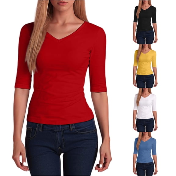 RMGVDSD Women's Half Sleeve V Neck T Shirts Elbow Length Sleeve Tshirt Solid Color Slim Fit Basic Tees Casual T-Shirt Top