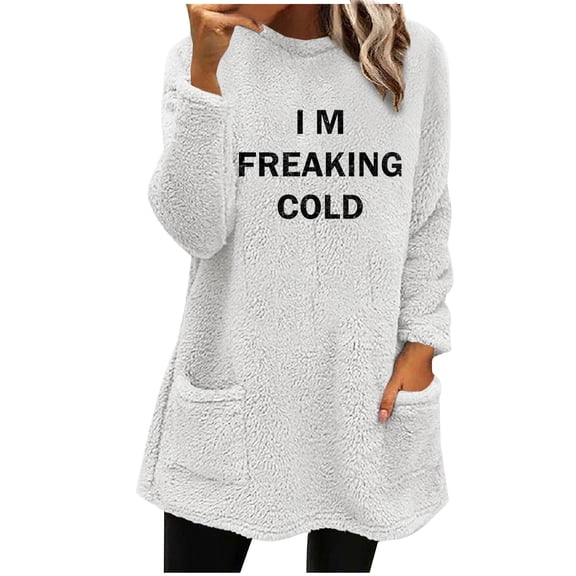 WREESH Womens Fashion Sweatshirt Fuzzy Fleece Crewneck Sweatshirt Print Pullover Plus Size Long Sleeve Tops Round- Neck And Winter Loose Pocket Warm Blouse Tops White