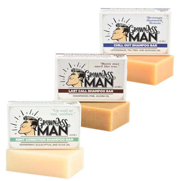 Grown Ass Man Co. - Barra de champú sólido rica espuma 3 en 1: cabello, barba y gel de baño - Sin plástico y ecológico, natural y orgánico, limpio para todo tipo de cabello, barra de 4 oz (paquete de