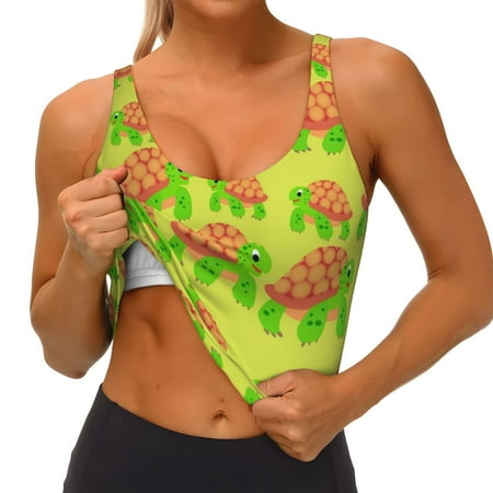 Qokaie Cartoon Turtles 1 Pattern Womens Scoop Neck Sports Bra Breathable Workout Vest Padded U Back Medium Impact Fitness Gym Yoga Bra Workout Crop Top
