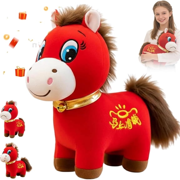 2026 Year of The Horse Plush,9.8" Funny Red Plushie Figurine Spring Festival Ideal for Home Decor, Gift, New Year Mascot (Happy)