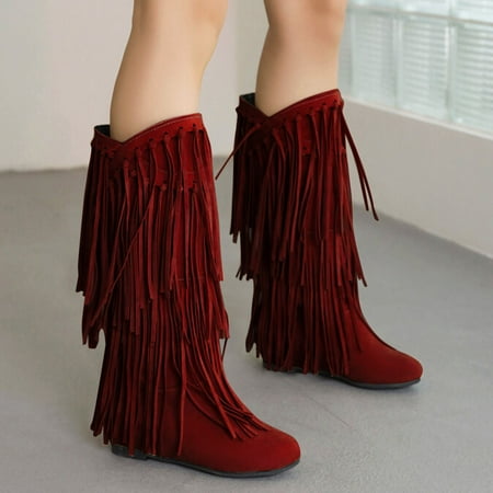 

Yinguo Women s Plus Size Winter Heel Fringe Boots Inside Booster Mid Length Boots