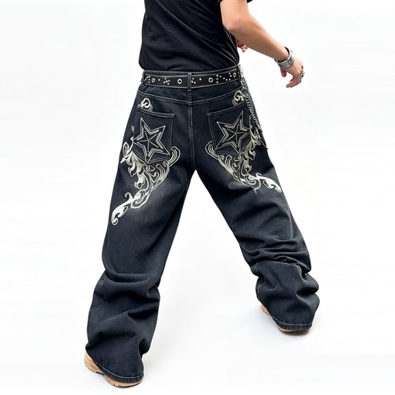 Mrmall Men's Dark Wash Baggy Jeans with Star Patch on Back Pocket Loose Floor‑Length Denim Pants Hip‑Hop Streetwear Trousers