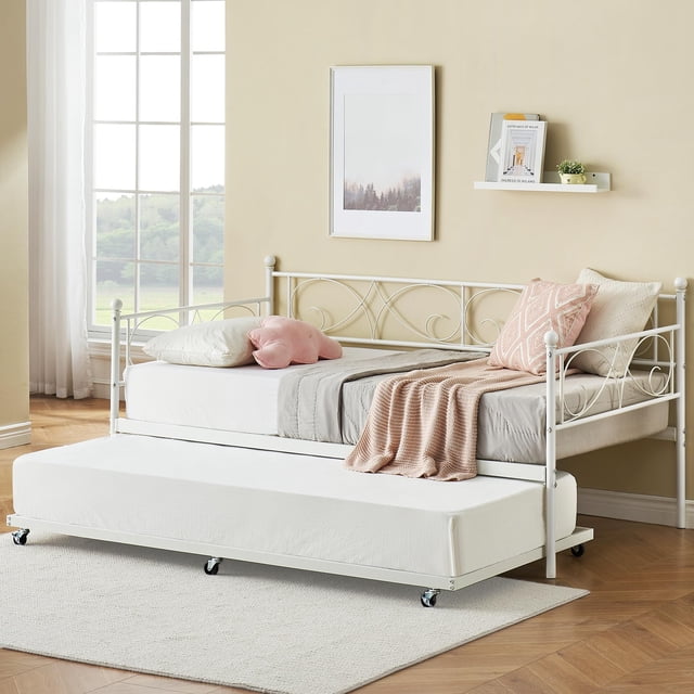 Cadre de Lit de Jour Format Simple à Lattes Métalliques Robustes, Base de Matelas Plateforme, Canapé-Lit avec Tête de Lit pour Chambre, Noir (Lit de Jour)
