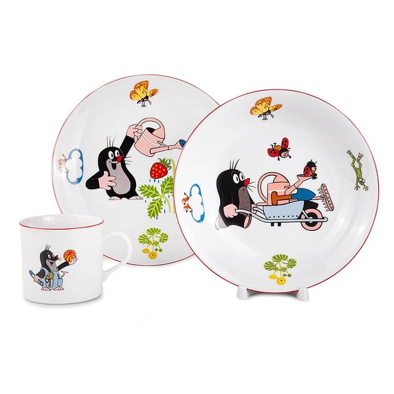 7.6 fl oz (225 ml) Porcelain Kids Plates and Mug Set Kid's Porcelain Dinnerware Set of 3 Tableware Set for Kids Deep Plate Flat Plate and Kid's Mug (Mole)