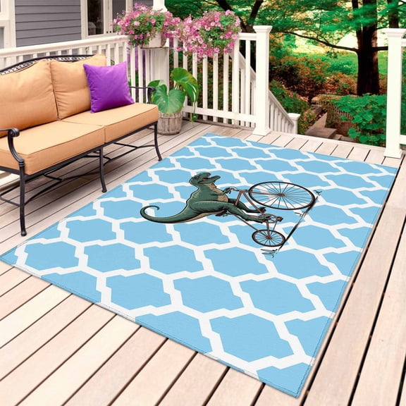 Morocco Light Blue Outdoor Rug for Patio/Deck/Porch, Non-Slip Large Area Rug 4 x 6 Ft, Cute Dinosaur Bike Vintage Indoor Outdoor Rugs Washable Area Rugs, Reversible Camping Rug Carpet Runner