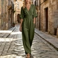 thumbnail image 4 of Women's Solid Color Cotton Linen Jumpsuits Tighten Waist Zipper V Neck Wide Leg One Piece Jumpsuit Loose Flowy Three Quarter Sleeve Rompers with Pockets, 4 of 6