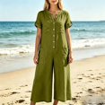 thumbnail image 4 of TOUMENY Spring Fall Jumpsuits for Women Wide Leg V Neck Button Front Jumpsuit Casual Loose Vacation Travel Lounge Romper Green M, 4 of 7