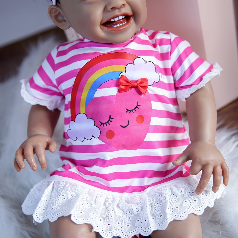 Takanini 24'' Newborn Baby Girl Dolls Black Skin Smile Face with Realisitc Silicone Limbs Filling with PP Cotton Birthday Gift for Children 3+ Years