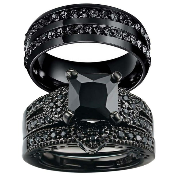 ringheart Matching Rings His and Her Rings Couple Rings Black Cz ...