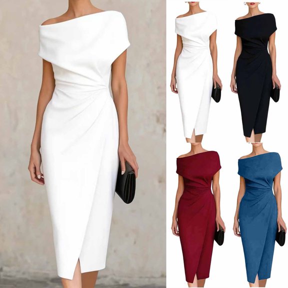 Dvprdro Womens Casual Office Midi Dress Off Shoulder Ruched Waist Loose Fit A Line Dress Solid Elegant