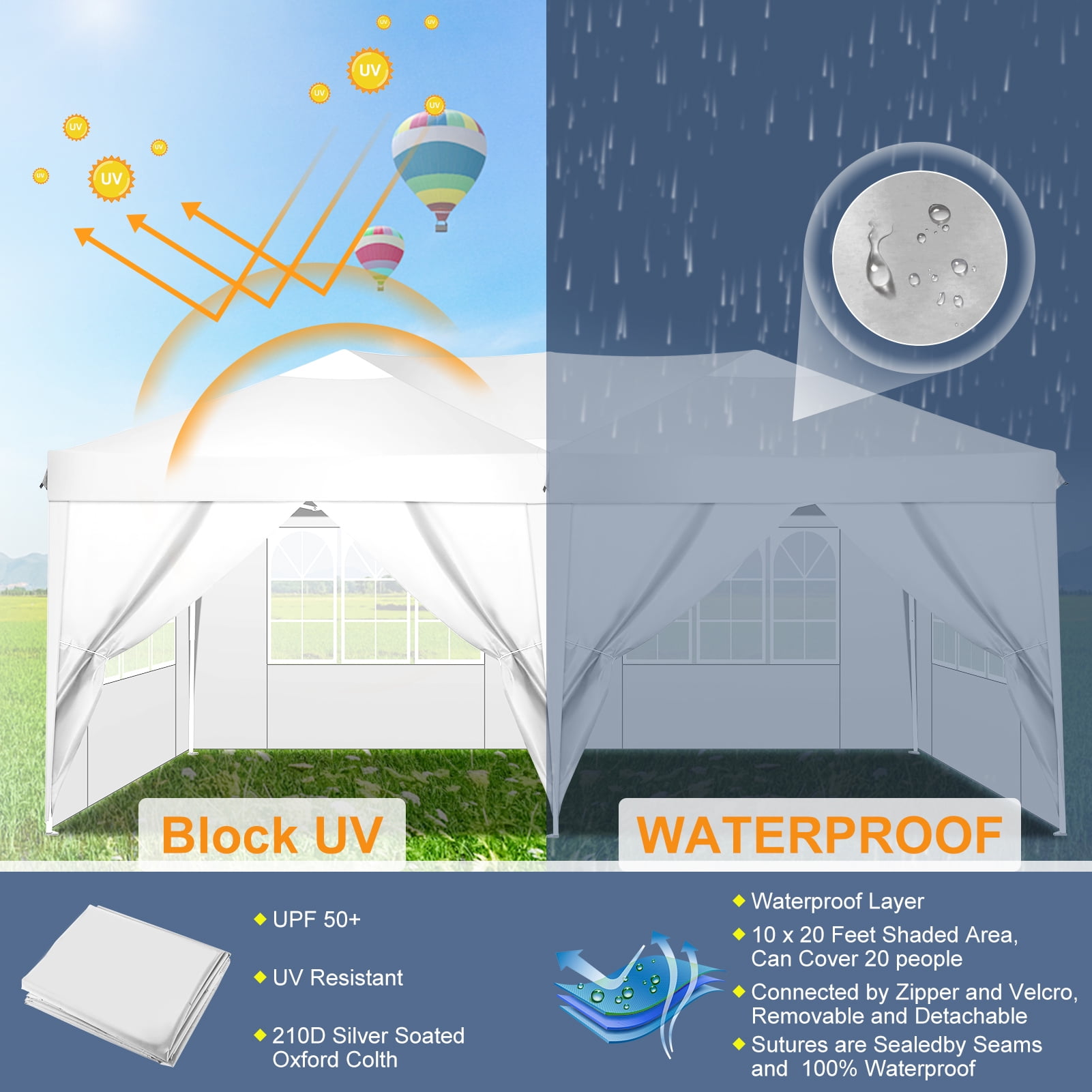 HOTEEL 10x20 Pop up Canopy Tent, Protable Canopy Tent with 6 Sidewalls Waterproof Commercial Pop up Tent for Parties, Wedding, Camping, Courtyard with Carry Bag,White