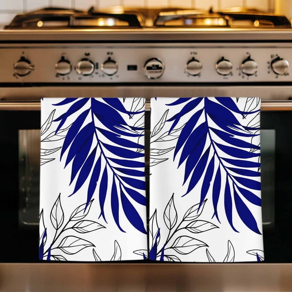 Blue Leaves Kitchen Towels Set of 3, Abstract Modern Geometric Lines Simple Art Absorbent Dish Towels for Kitchen, Microfiber Hand Towel, Quick Drying Tea Towel for Cleaning Decorative Dishcloths