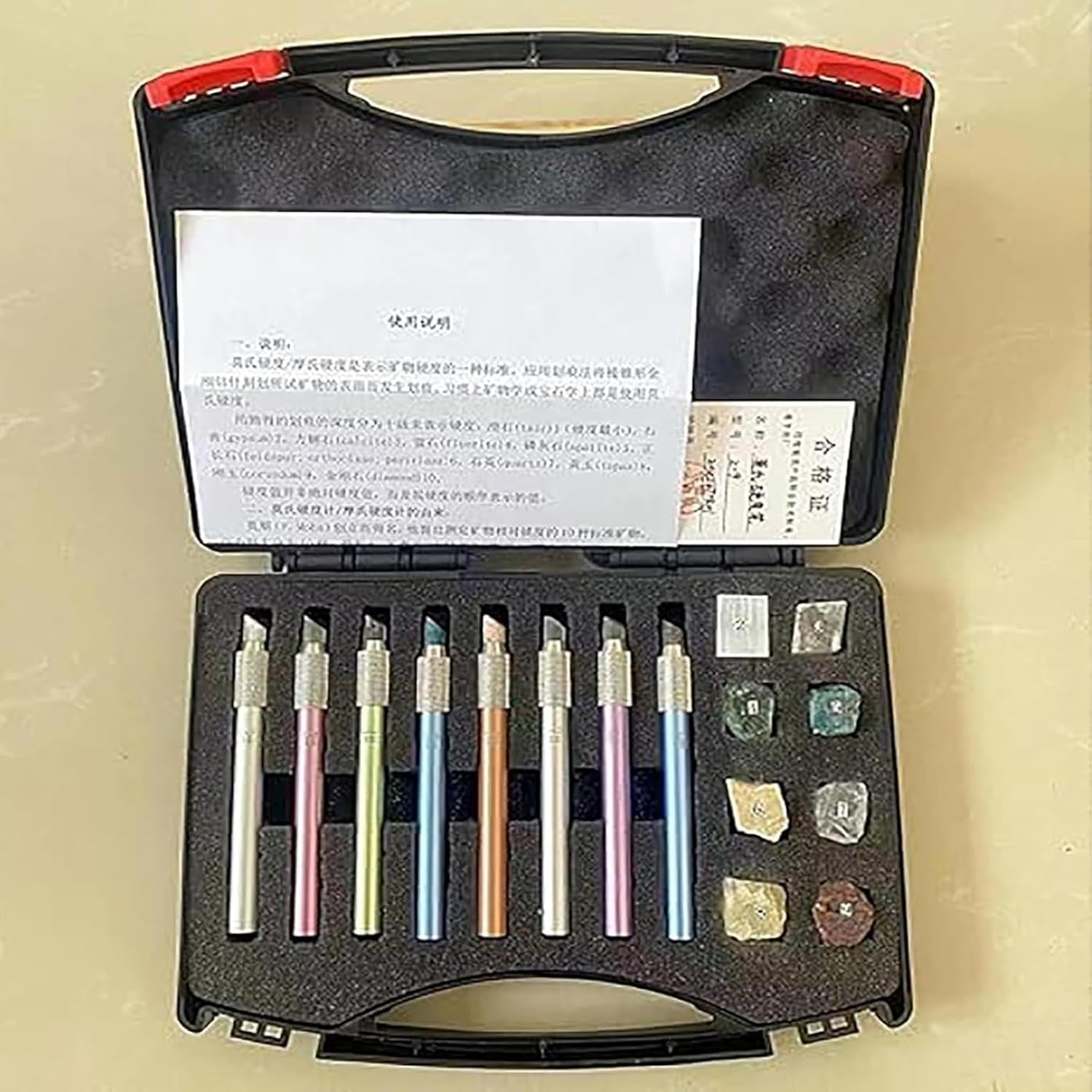 Hardness Test Kit, Scratch Tester Hardness Test Pen, 2-9 Scratch Tester with Storage Box, High Sensitivity, Multi-Faceted Shape, for Industrial Mineral Identification Kit Gem Jade Jewelry