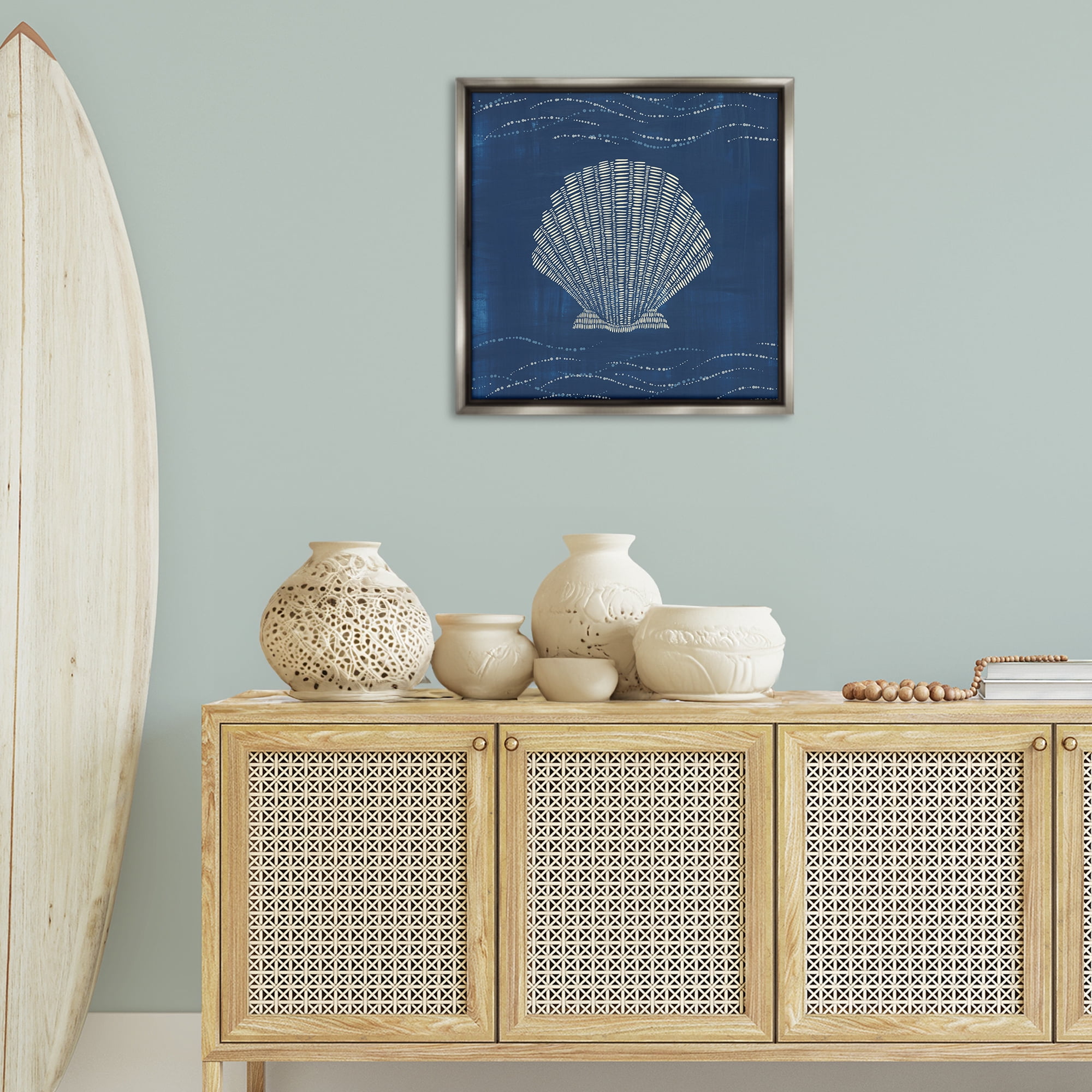 Stupell Industries Clam Shell on Blue Coastal Painting Gray Floater Framed Canvas Art Print Wall Art, 25 x 25