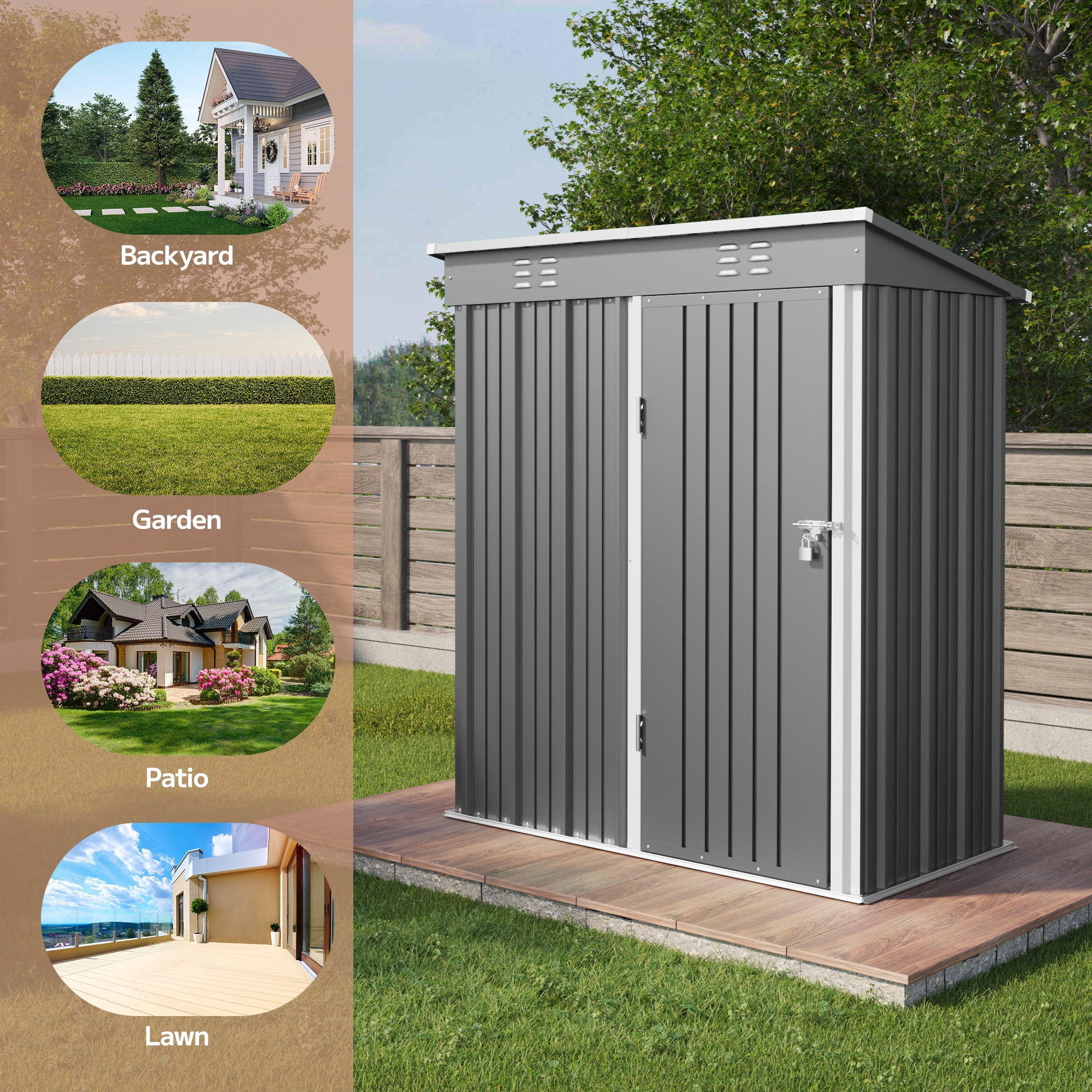 Asofer 5x3 ft Galvanized Steel Outdoor Storage Shed - Weatherproof Tool Shed with Air Vent, Dark Gray