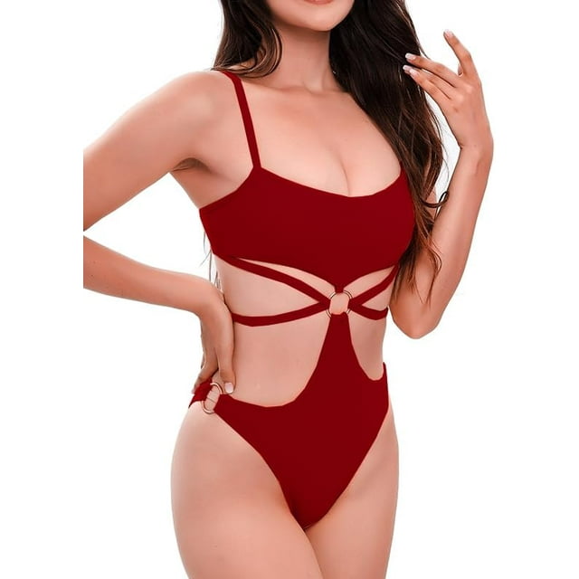 GHSDFBB Ring Linked Cut-Out One Piece Swimsuit Scoop Neck Lace Up Back Monokini Bathing Suit