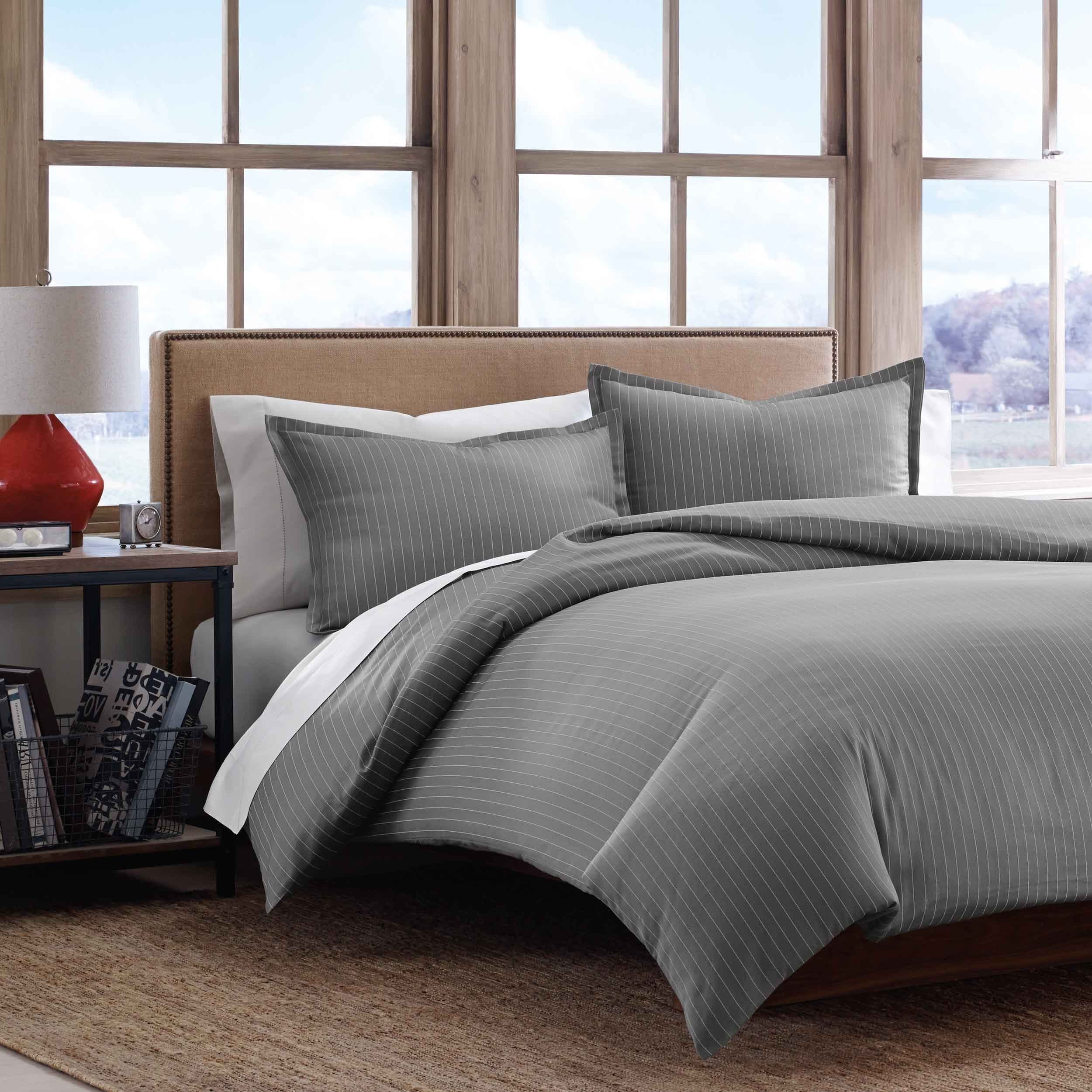 Eddie Bauer Pinstripe Cotton Sateen Duvet Covet Set Full Queen