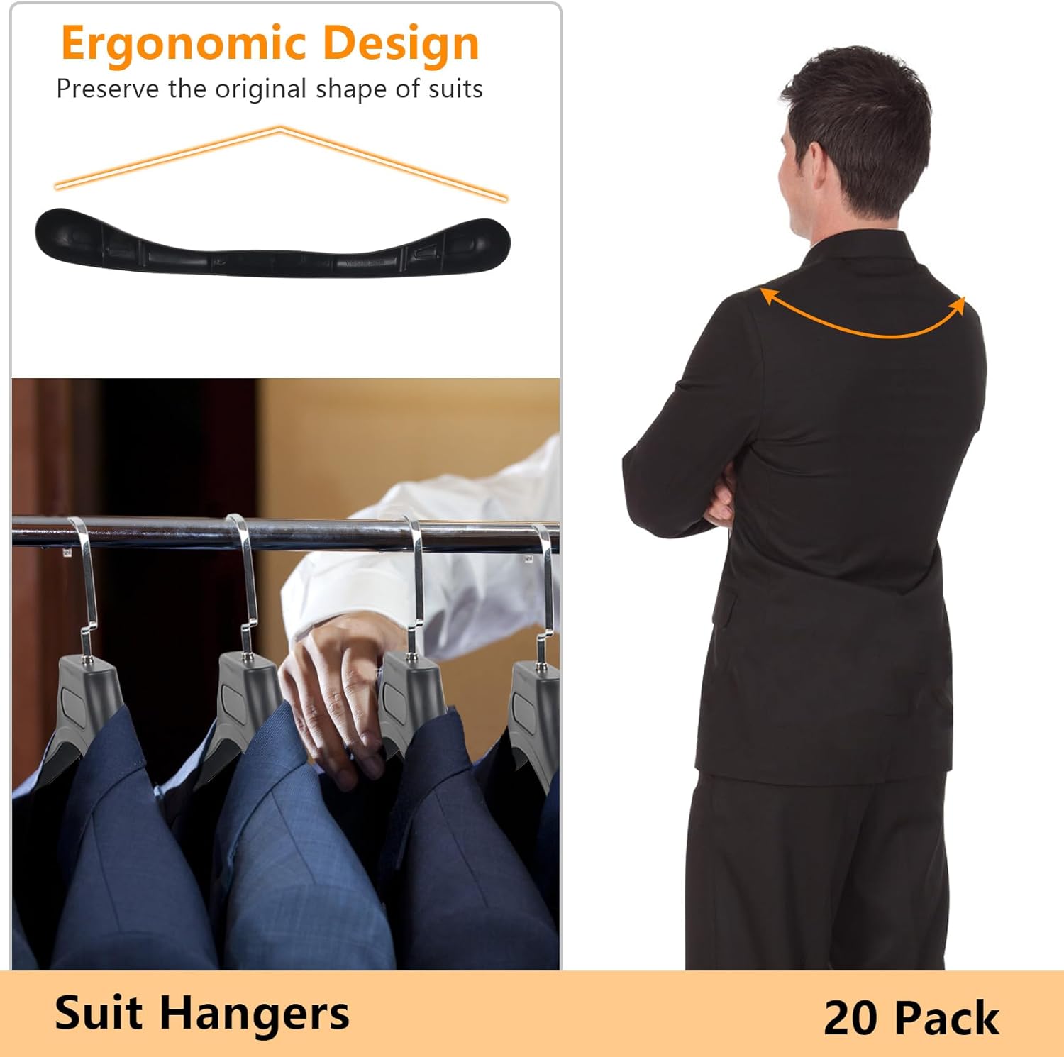 Extra Wide Non-Slip Suit Hangers, 20 Pack Thick Plastic Coat Hangers with Metal Hook, Black, 17.7 Inch Width