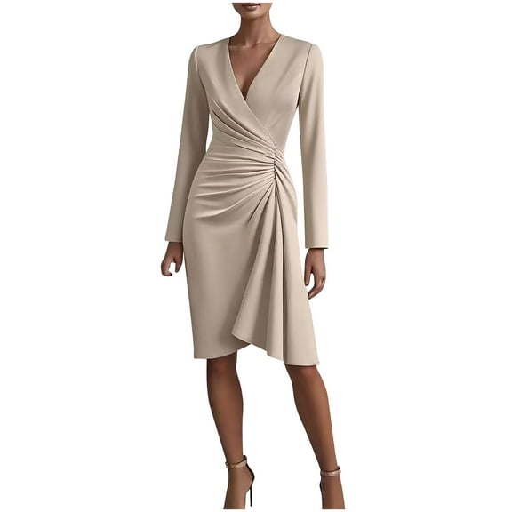 Stamzod Women's Fall Wedding Guest Dresses V Neck A Line Cocktail Dresses Ruched Long Sleeve Dressy Dresses for Women Khaki S
