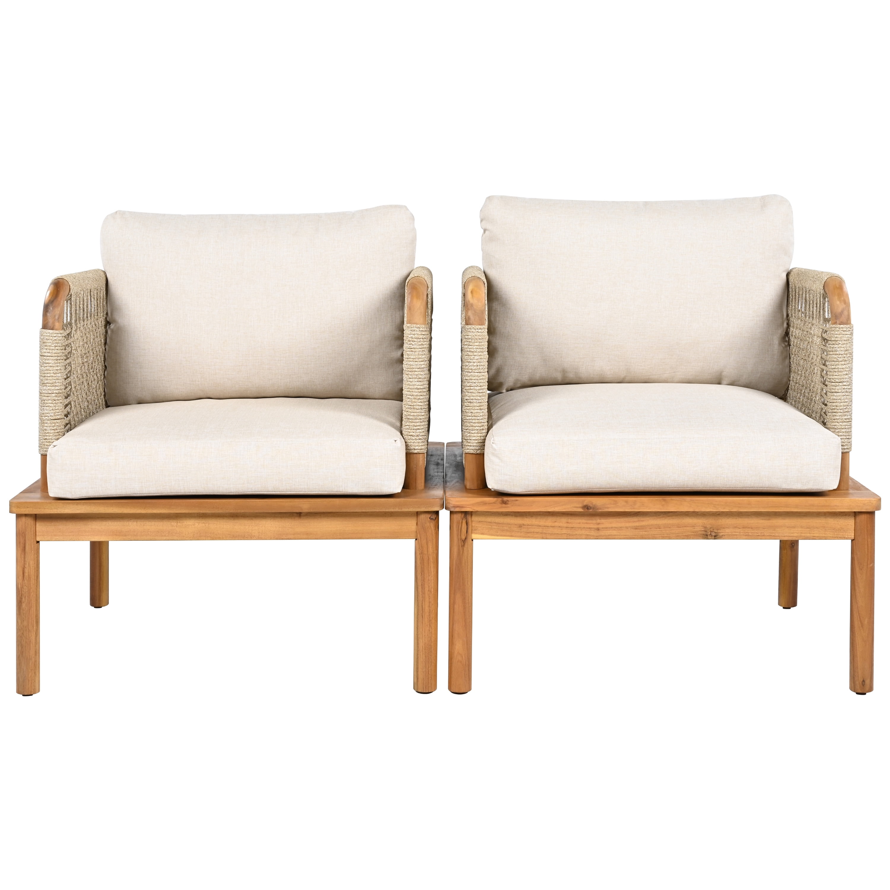 Outdoor Acacia Wood & Rope Club Chair Set of 2 with Plush Cushions, Weather-Resistant Patio Lounge Chairs for Garden Porch Backyard, Teak+Beige